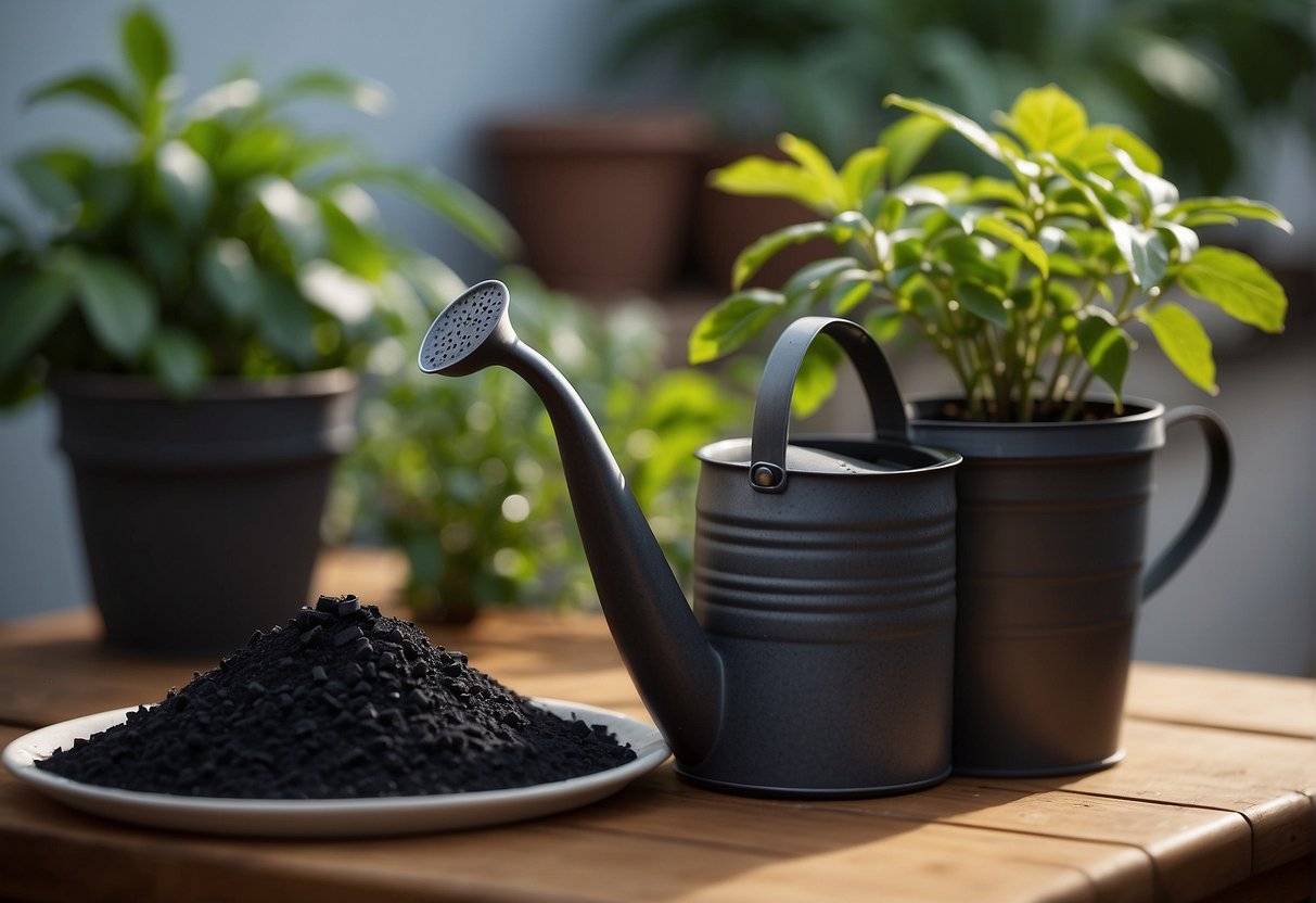 A bag of charcoal sits next to a potted plant, with a watering can nearby. The plant appears healthy and vibrant, suggesting that charcoal is beneficial for its growth
