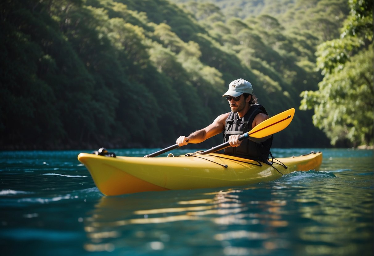A kayaker paddles through a serene Equatic habitat, surrounded by lush greenery and clear blue waters, equipped with safety gear and preparedness supplies