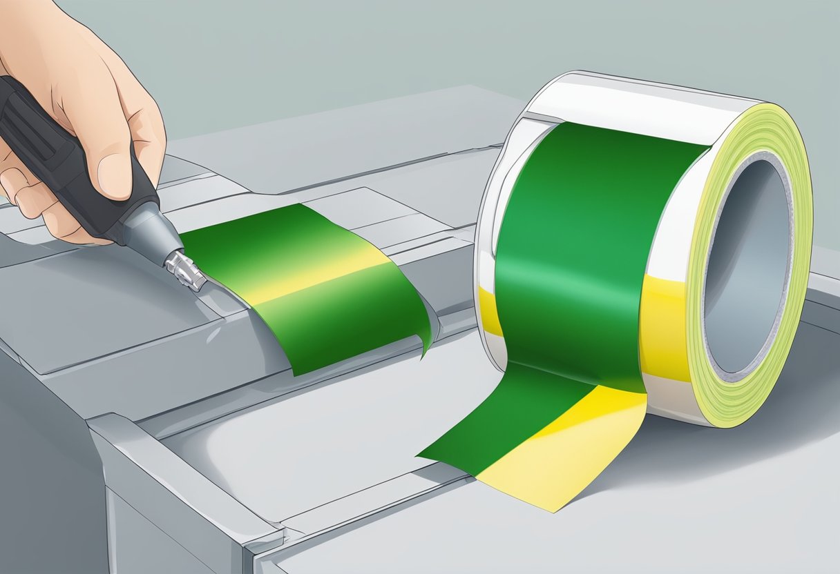 A roll of green PET protection tape is being applied to an electrical component, providing insulation and protection