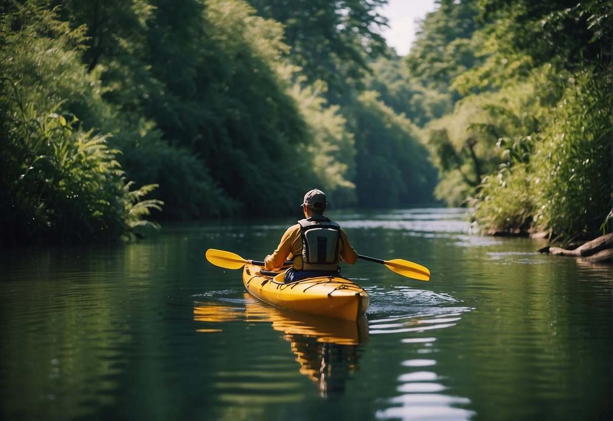 A serene river flows through lush greenery, teeming with diverse aquatic life. A kayaker navigates through the clear waters, surrounded by thriving plant and animal species