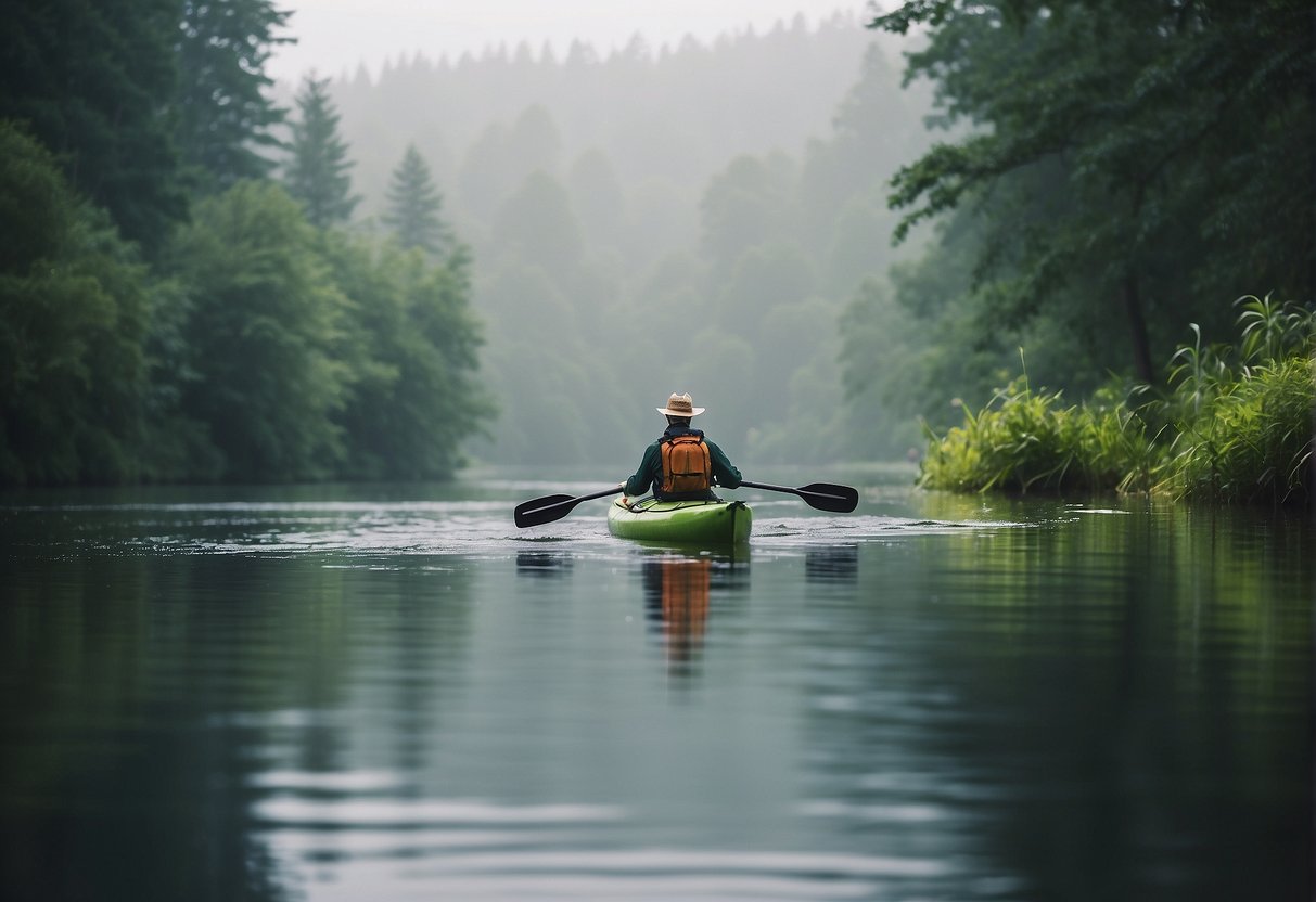 A kayaker paddles through a calm, misty river surrounded by lush, green vegetation. The water reflects the overcast sky, creating a serene and peaceful atmosphere