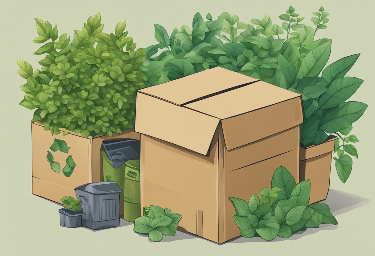 A cardboard box sealed with kraft tape, surrounded by green plants and a recycling bin