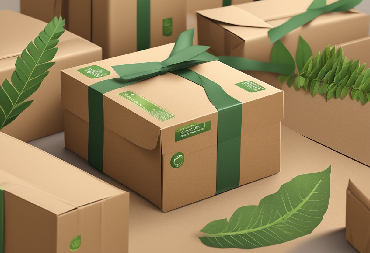 A roll of brown kraft tape with green eco-friendly label, surrounded by recyclable cardboard boxes and natural elements like leaves and twigs