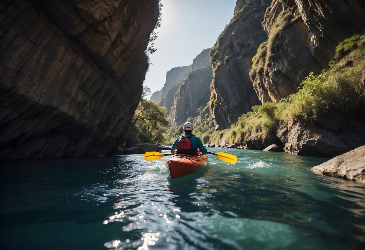A kayaker navigating through a narrow, rocky passage in a vibrant equatic habitat, facing challenging situations with determination and skill