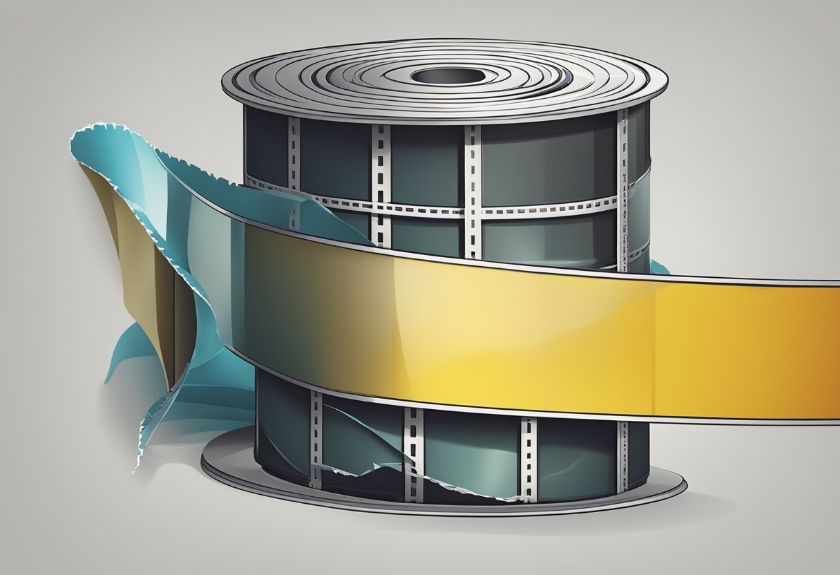 A roll of film tearing as tape is pulled, creating a jagged edge