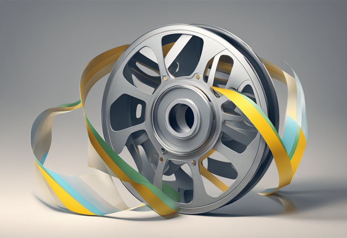 A film reel unwinds, tape tearing as it spins, revealing the history of cinema