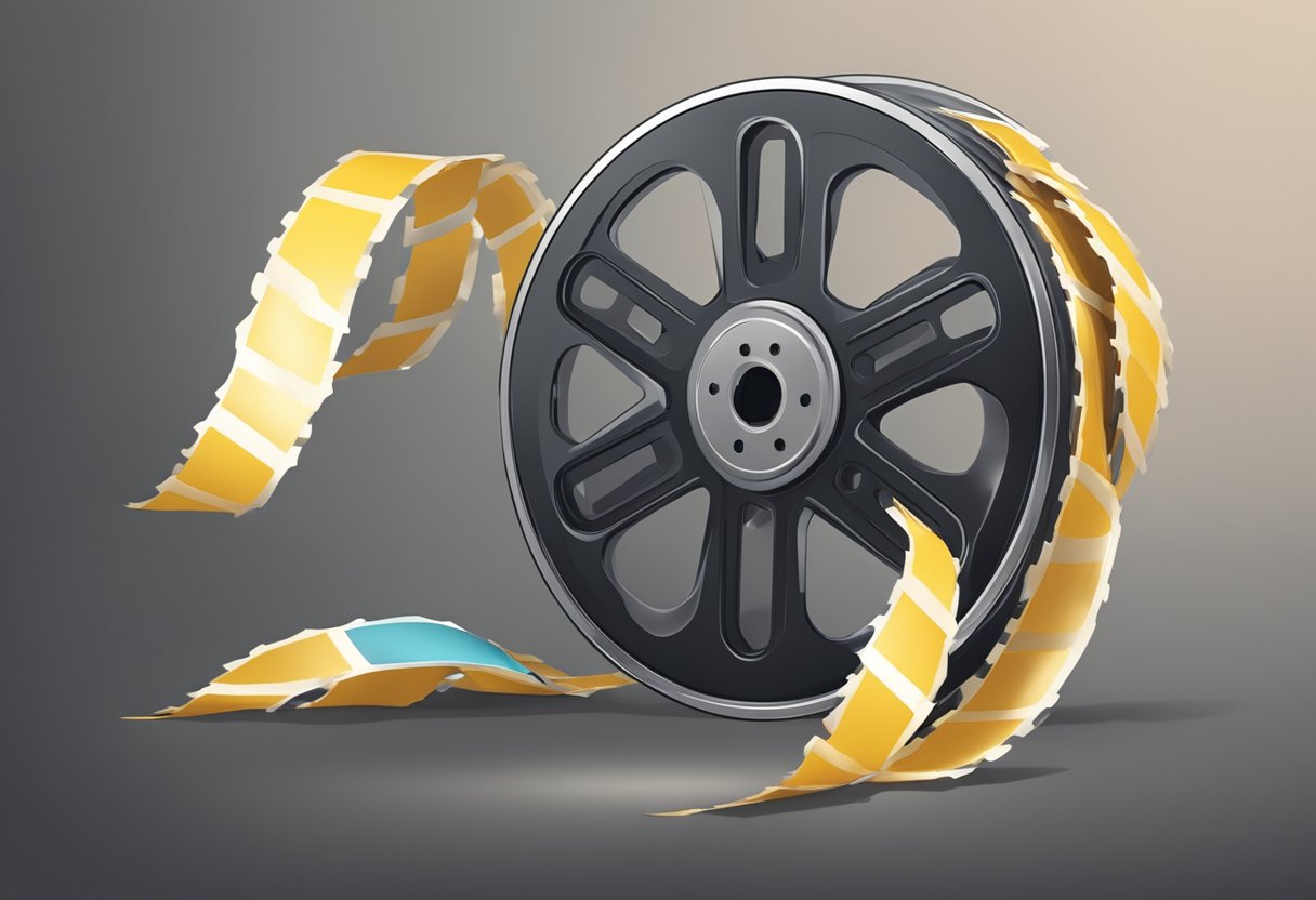 A roll of film tearing tape being pulled across a film reel, creating a jagged edge as it rips the film