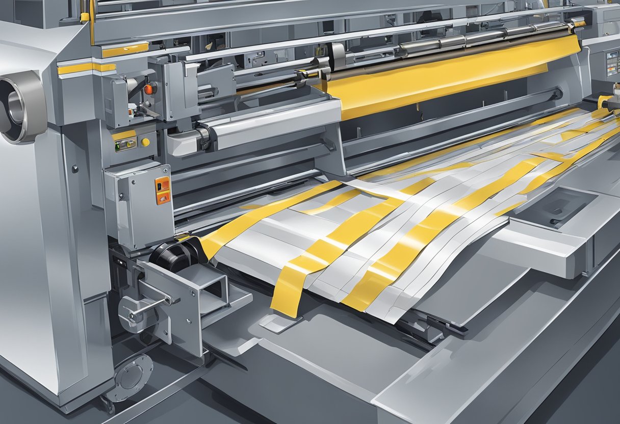 Tape being pulled and torn by a machine in a manufacturing process