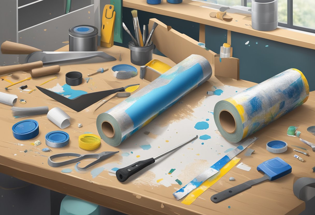 A roll of masking tape sits on a cluttered workbench, surrounded by scattered tools and paint splatters. The label shows signs of wear and tear, hinting at its long history of use