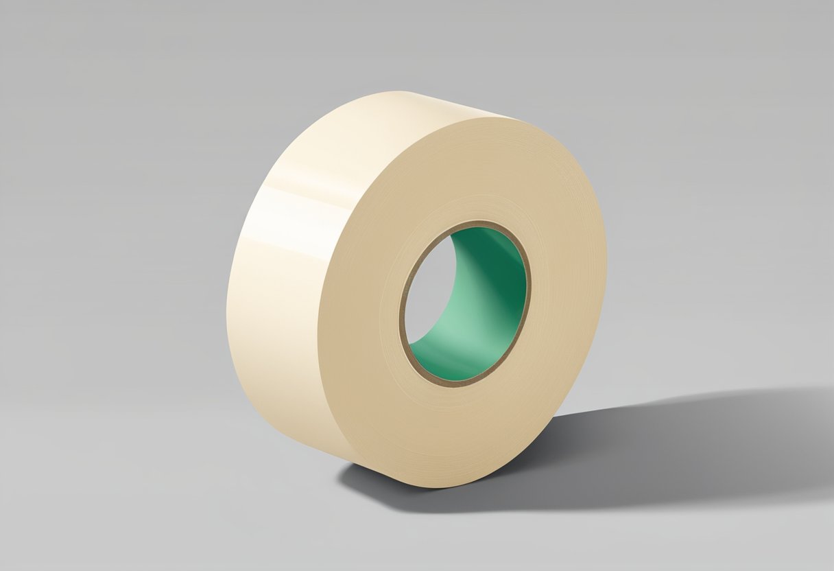 A roll of general purpose masking tape stands on a clean, white surface. The tape is beige in color and features a slightly textured surface