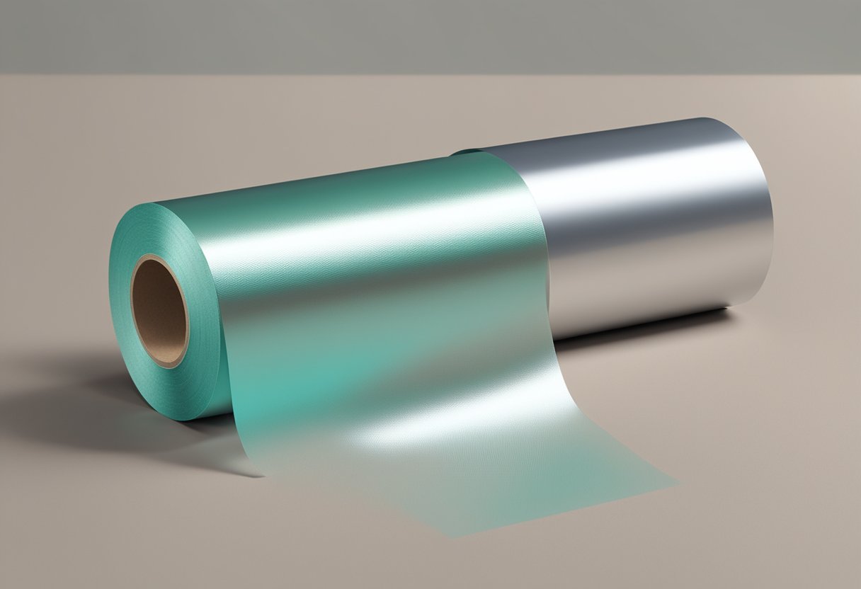 A roll of glass fiber cloth lies next to a roll of aluminum foil tape on a worktable