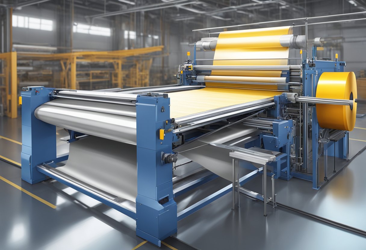 Glass fiber cloth being woven on a loom, then coated with aluminum foil tape in a factory setting