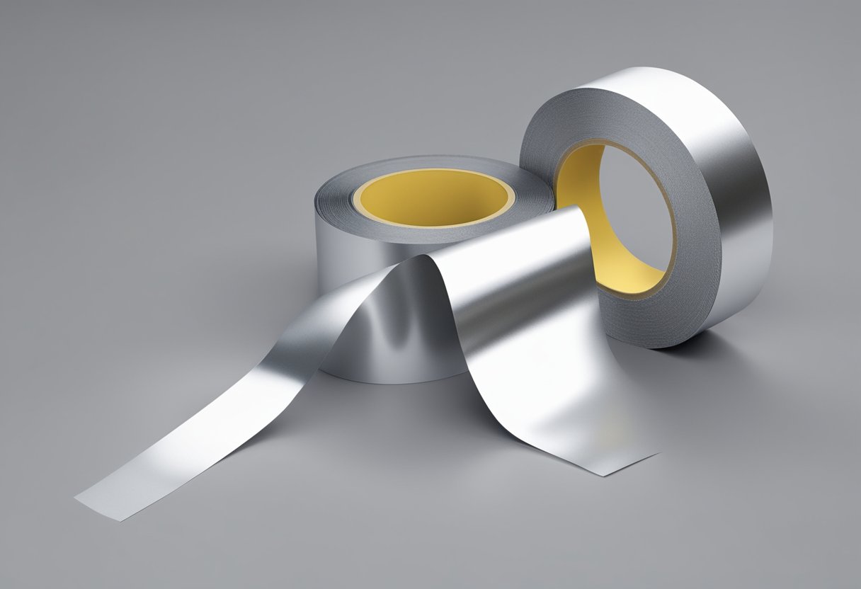A roll of shiny aluminium foil tape is being applied to a metal surface, creating a barrier for heat insulation