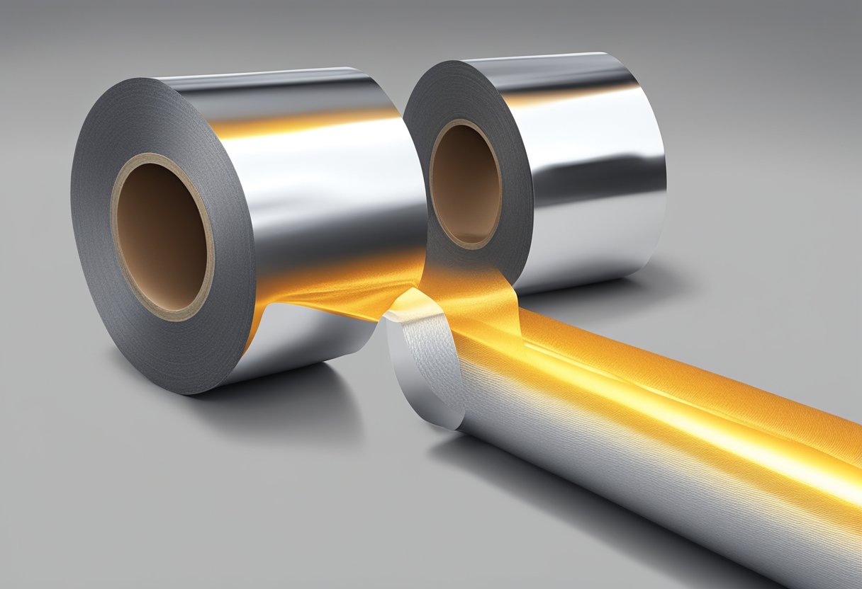 A roll of aluminium foil tape being applied to a pipe, with heat waves being reflected away, demonstrating its heat insulation benefits