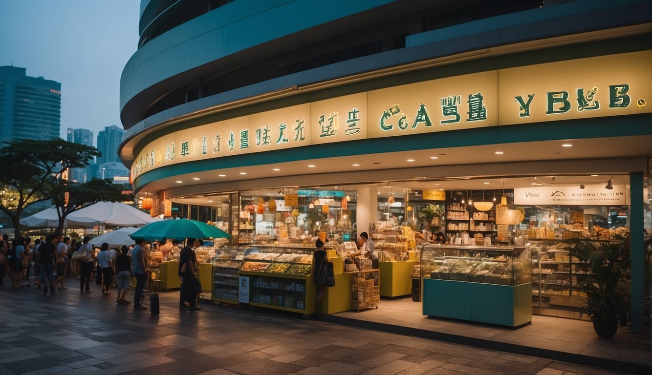 Maxi Cash Harbourfront: A bustling Singapore storefront with vibrant signage and a variety of products on display