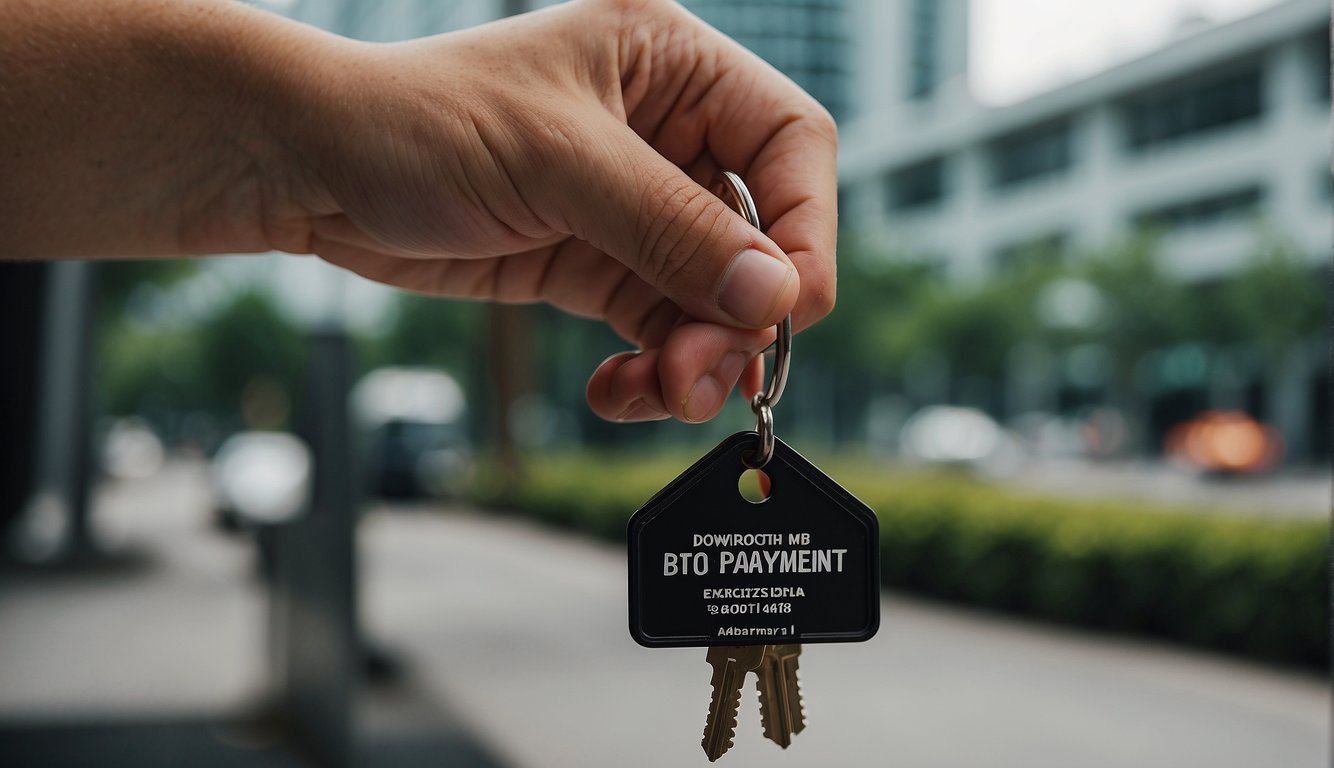 A hand holding keys with a "bto downpayment" sign in the background, symbolizing access to benefits in Singapore