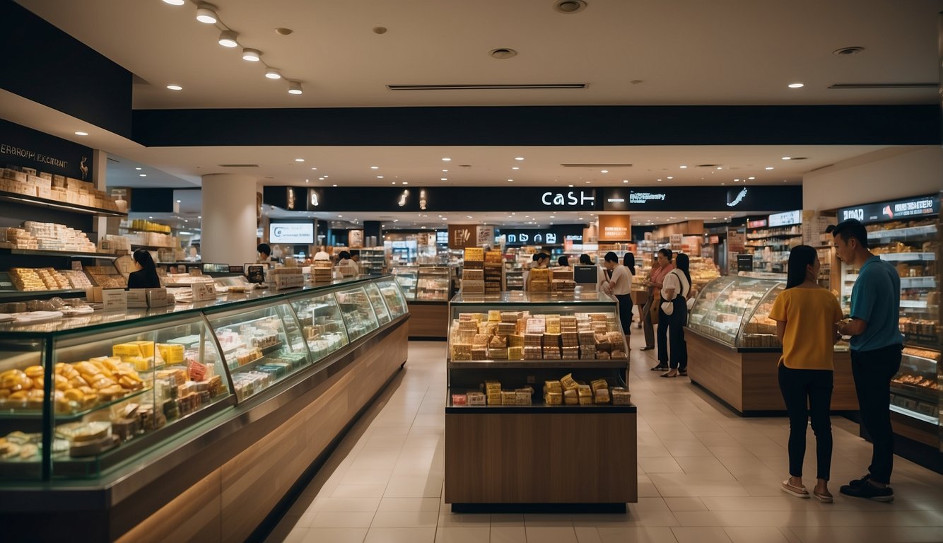 A bustling Maxi-Cash store at Harbourfront, Singapore. Brightly lit, with rows of luxury goods and friendly staff