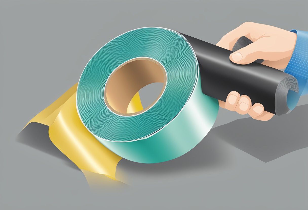 A roll of butyl tape being applied to a surface for heat insulation