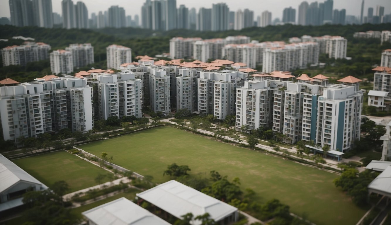 A bird's eye view of a modern Singaporean housing estate with rows of newly built BTO flats and a sign displaying information about downpayment
