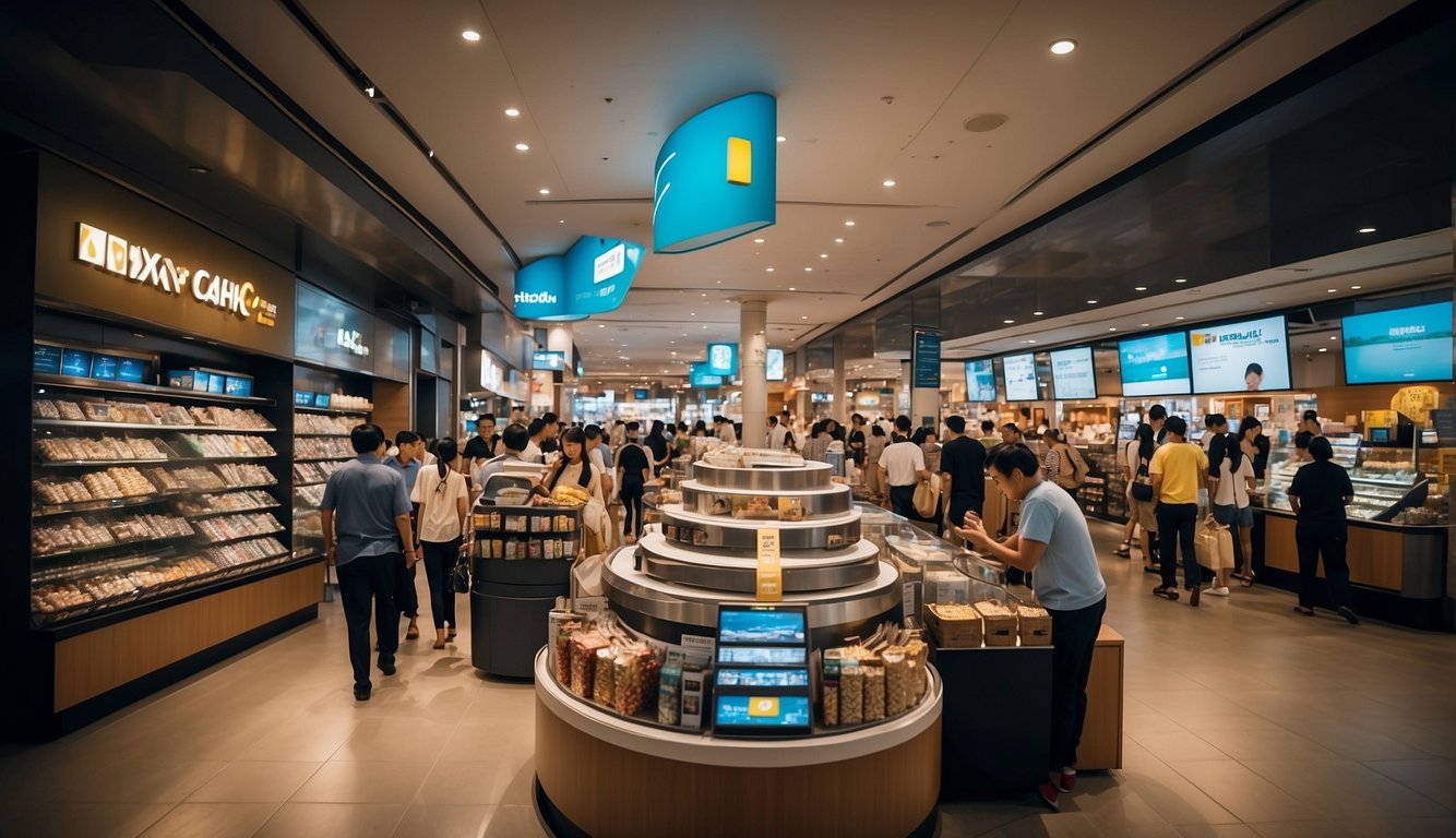 Maxi-Cash's extensive network in Singapore: a bustling scene at Maxi Cash Harbourfront, with a variety of items on display and customers browsing