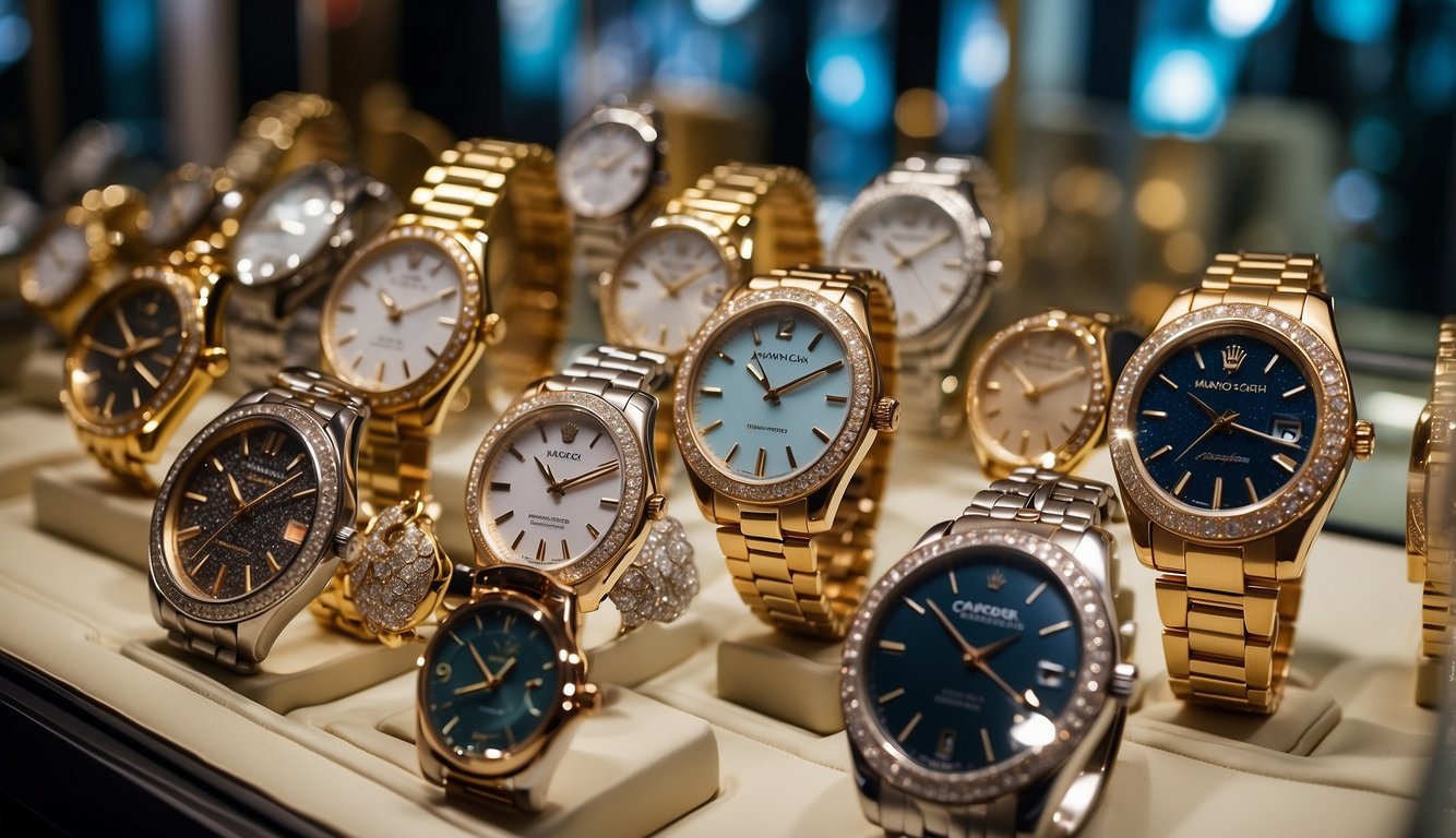A luxurious display of timepieces and jewelry at Maxi Cash Harbourfront, Singapore. Shimmering diamonds and intricate watch designs on elegant display