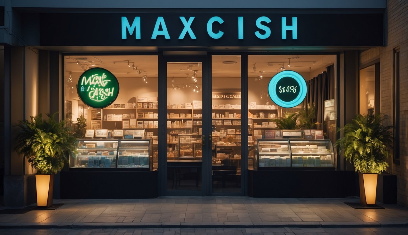 A bright and welcoming storefront with a prominent "Maxi-Cash" sign, surrounded by a clean and organized display of various valuable items
