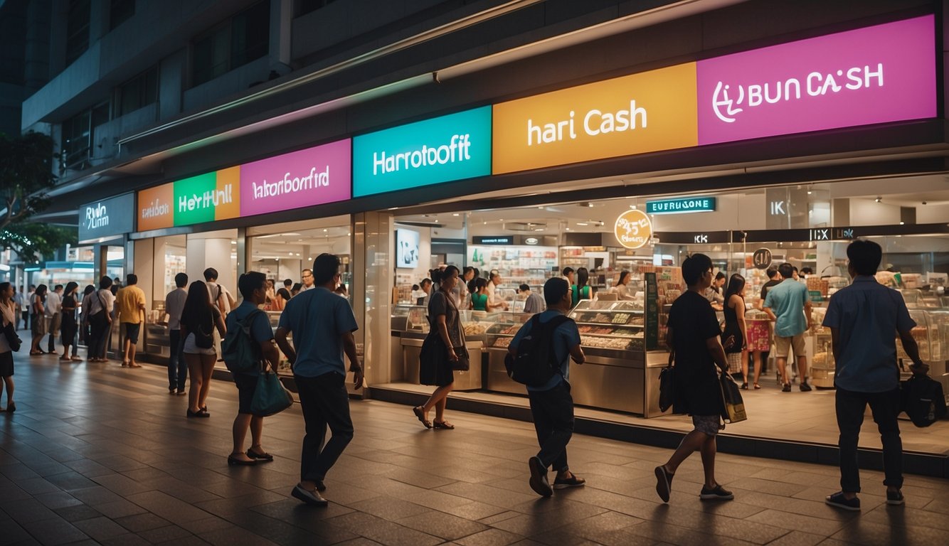 A bustling Maxi-Cash storefront at Harbourfront, Singapore, with bright signage and a steady flow of customers entering and exiting