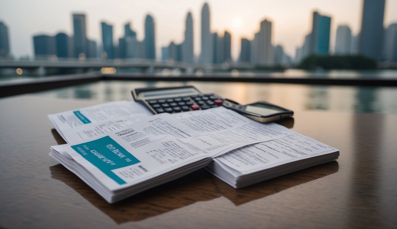 A table with loan brochures, eligibility criteria list, and a calculator for downpayment. Singaporean landmarks in the background