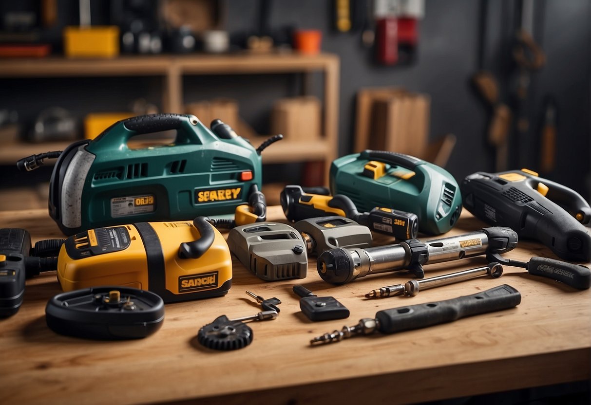 A table with various electric tools, including drills, saws, and sanders, arranged neatly for a DIY enthusiast