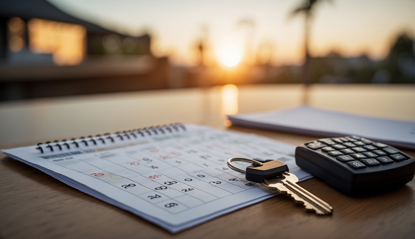 A calendar with payment dates, a set of keys, and a BTO downpayment receipt on a table