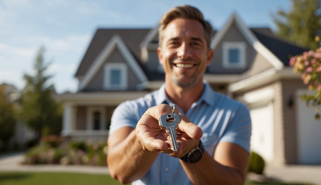 A happy homeowner confidently holding keys to their new property, surrounded by symbols of financial security and opportunity