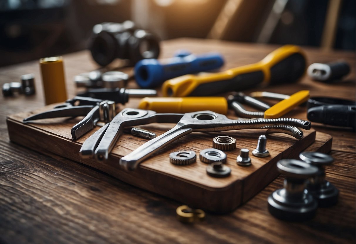 A table with various tools and fasteners for DIY projects