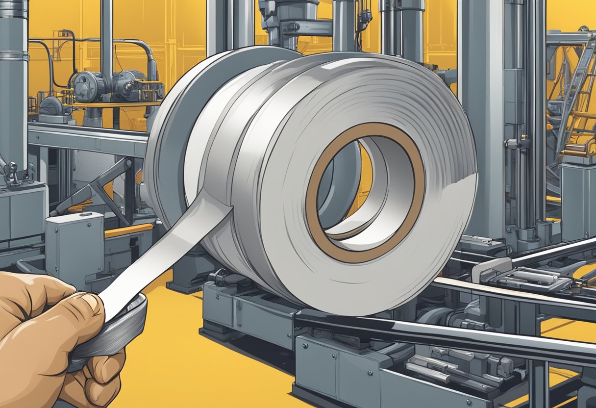 A hand holding a roll of high temperature masking tape, with a background of industrial machinery and tools
