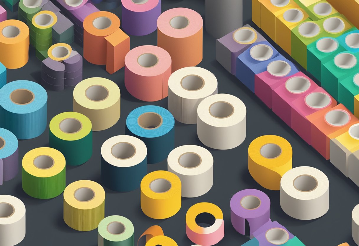 High temperature masking tape rolls stacked on a shelf, with various colors and sizes displayed in a well-lit and organized workspace
