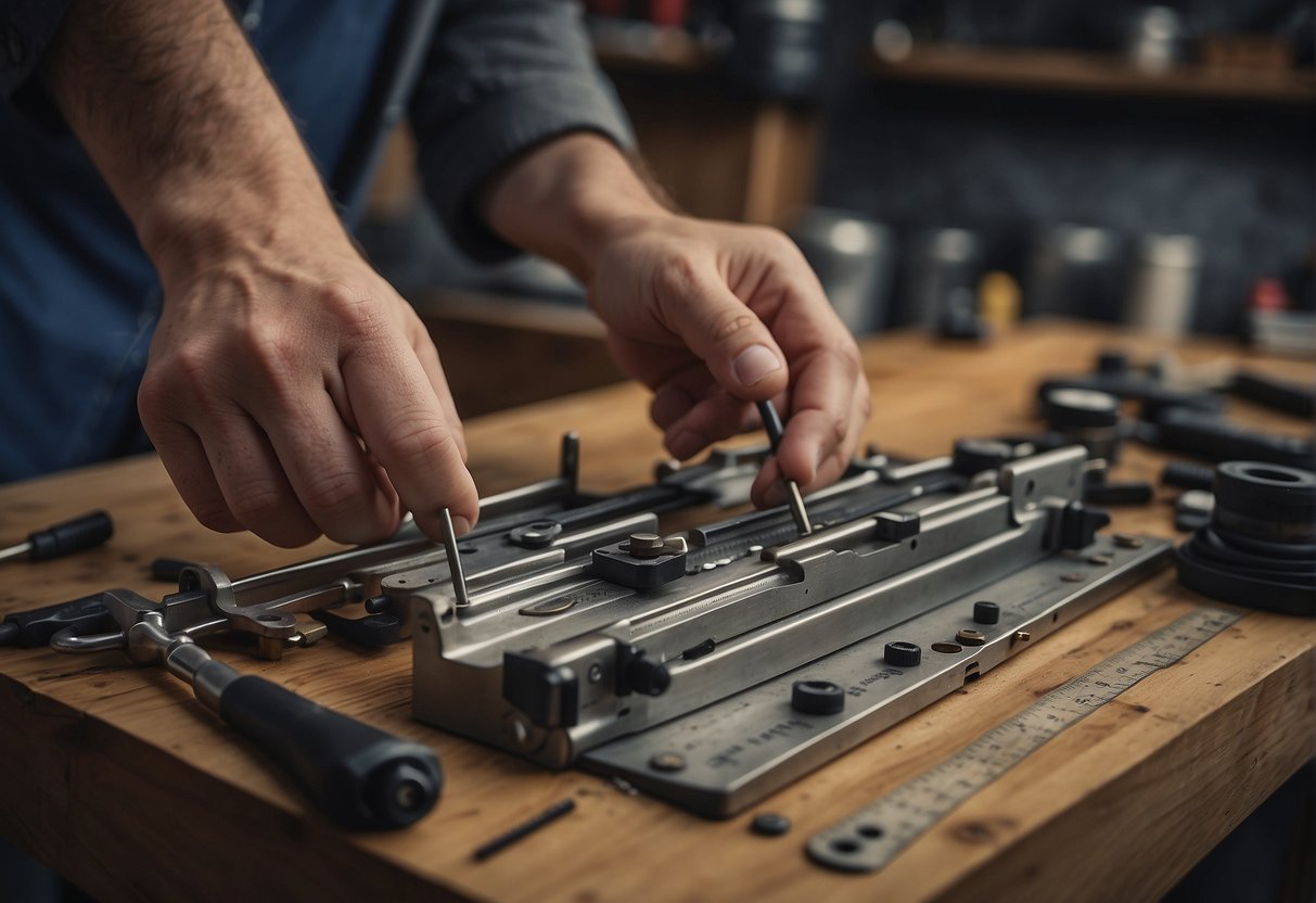 A hand reaching for a measuring and marking tool on a cluttered workbench