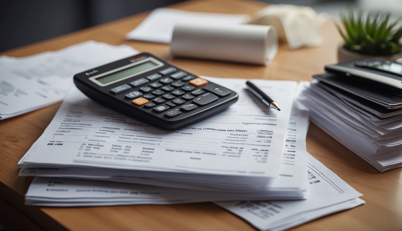 A stack of documents and a calculator on a desk with a pen and a contract, surrounded by housing brochures and financial reports