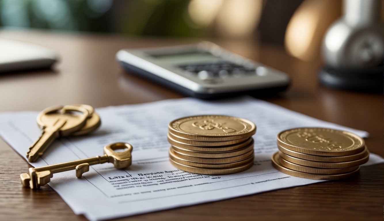 A stack of coins and a key on a table, with a document titled "Frequently Asked Questions about Downpayment" in the background
