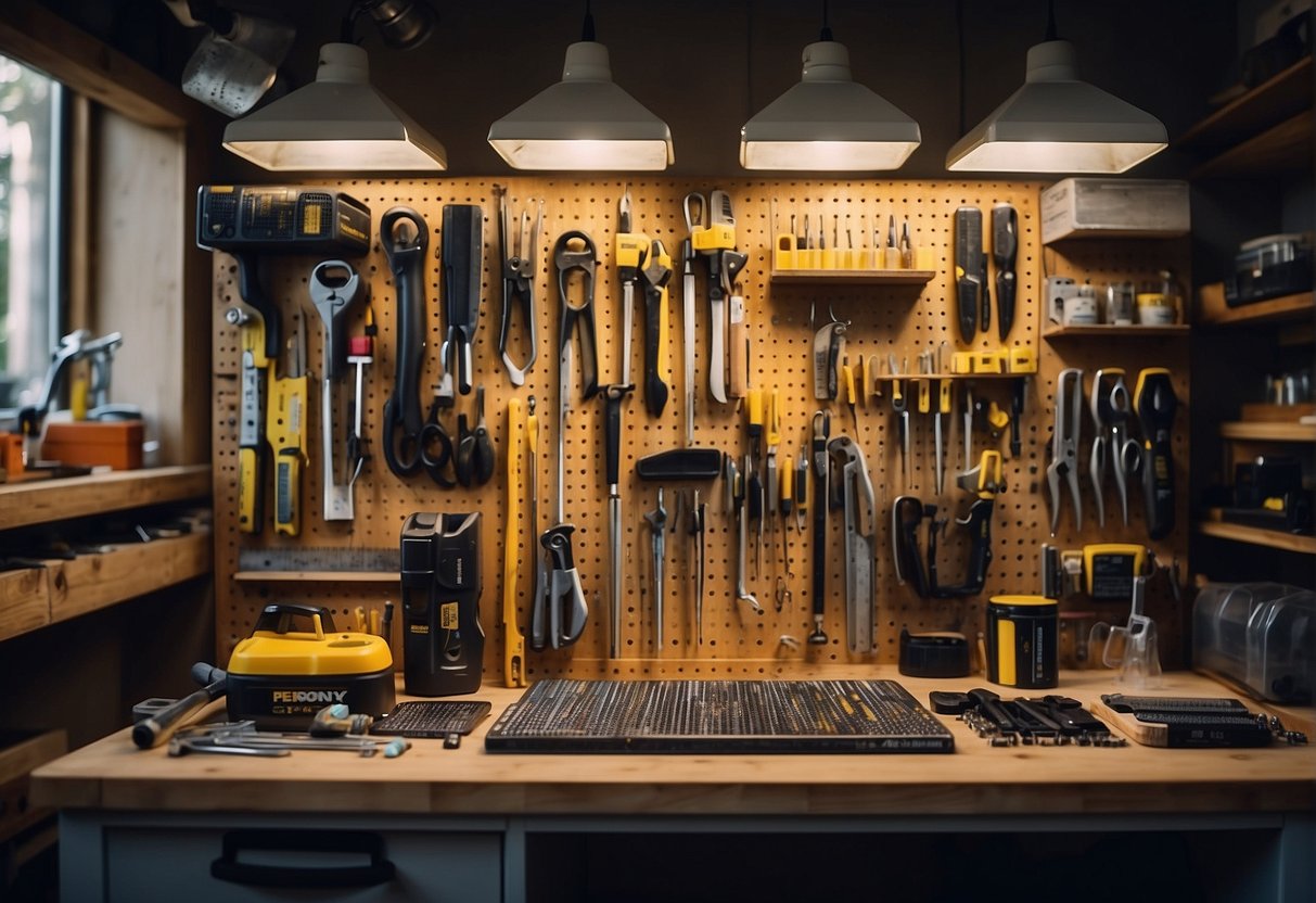 A pegboard with neatly organized tools, a sturdy workbench with labeled drawers, and a wall-mounted tool rack in a well-lit workshop