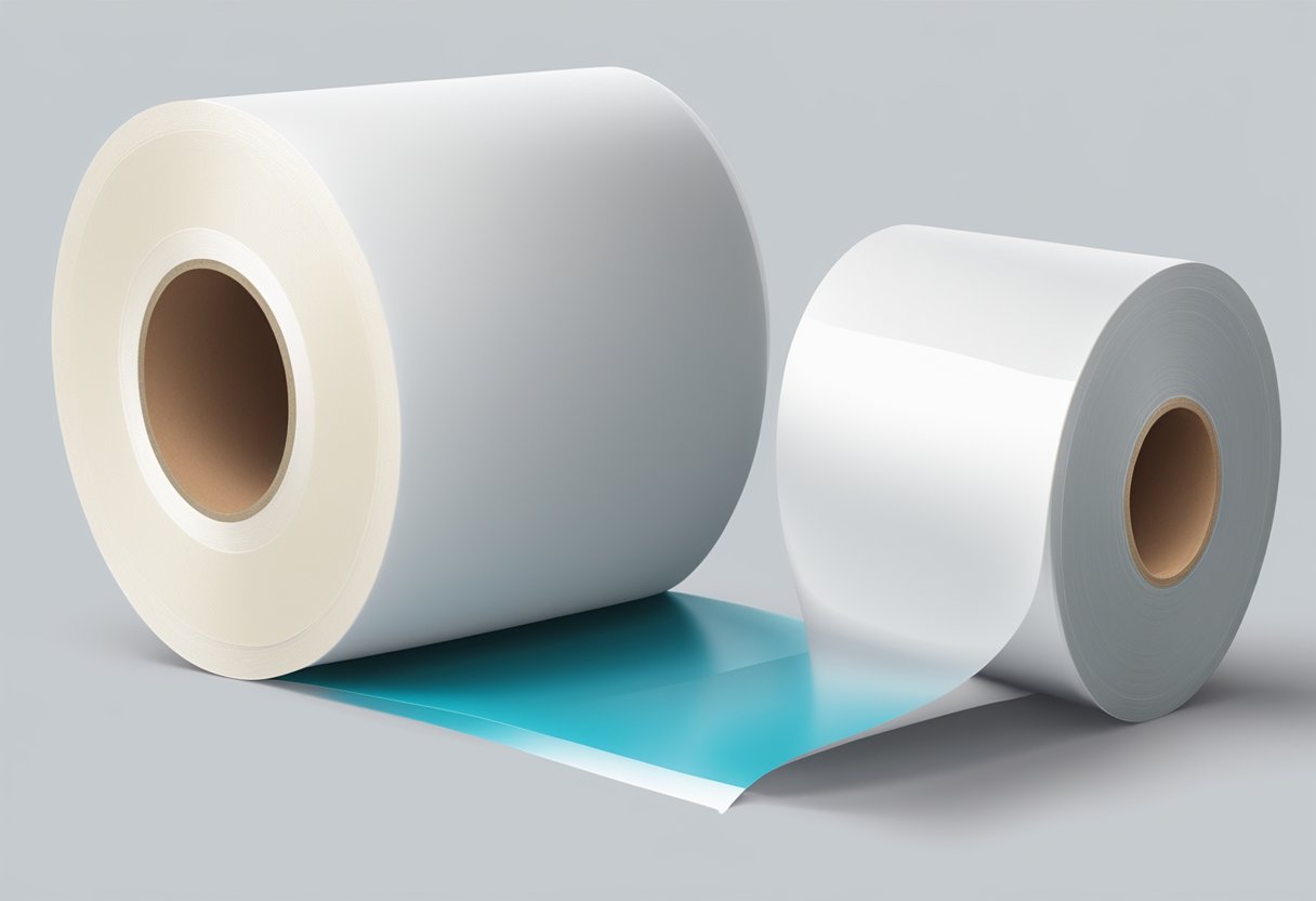 A roll of high temperature pretaped covering masking film unrolled on a surface, with the tape adhering to the edges