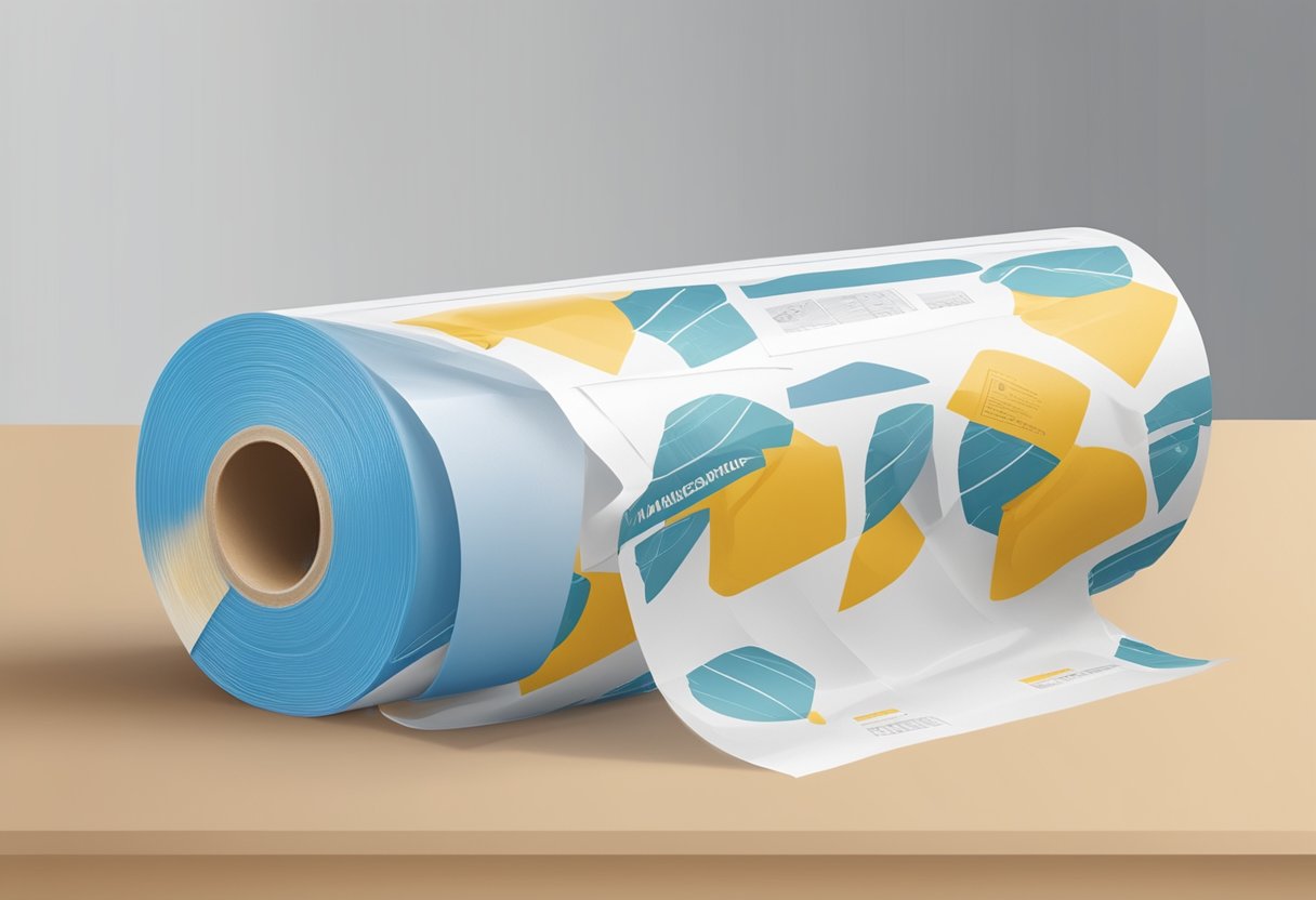 A roll of high-temperature pre-taped covering masking film unrolling onto a surface, with specifications printed on the packaging