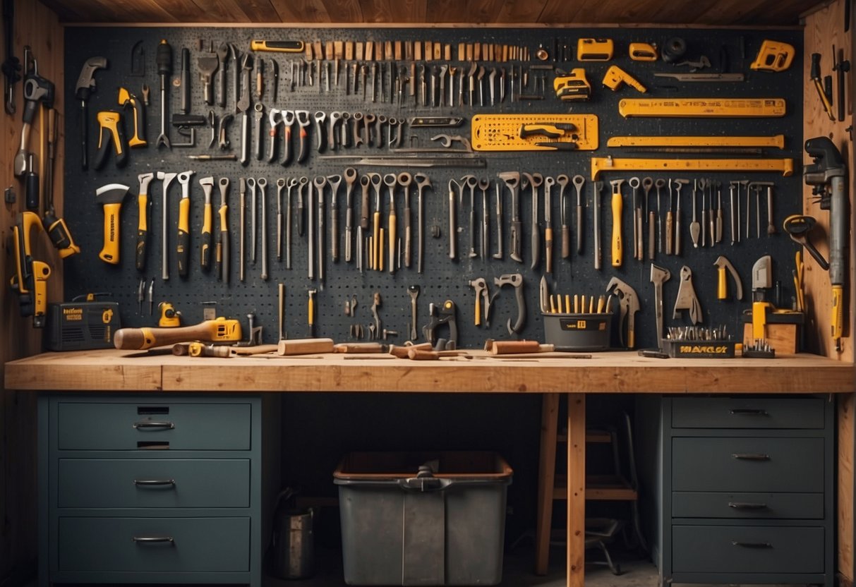 A workbench with various tools such as hammers, saws, drills, and screwdrivers. The tools are neatly organized on the wall and the workbench, ready for a DIY project