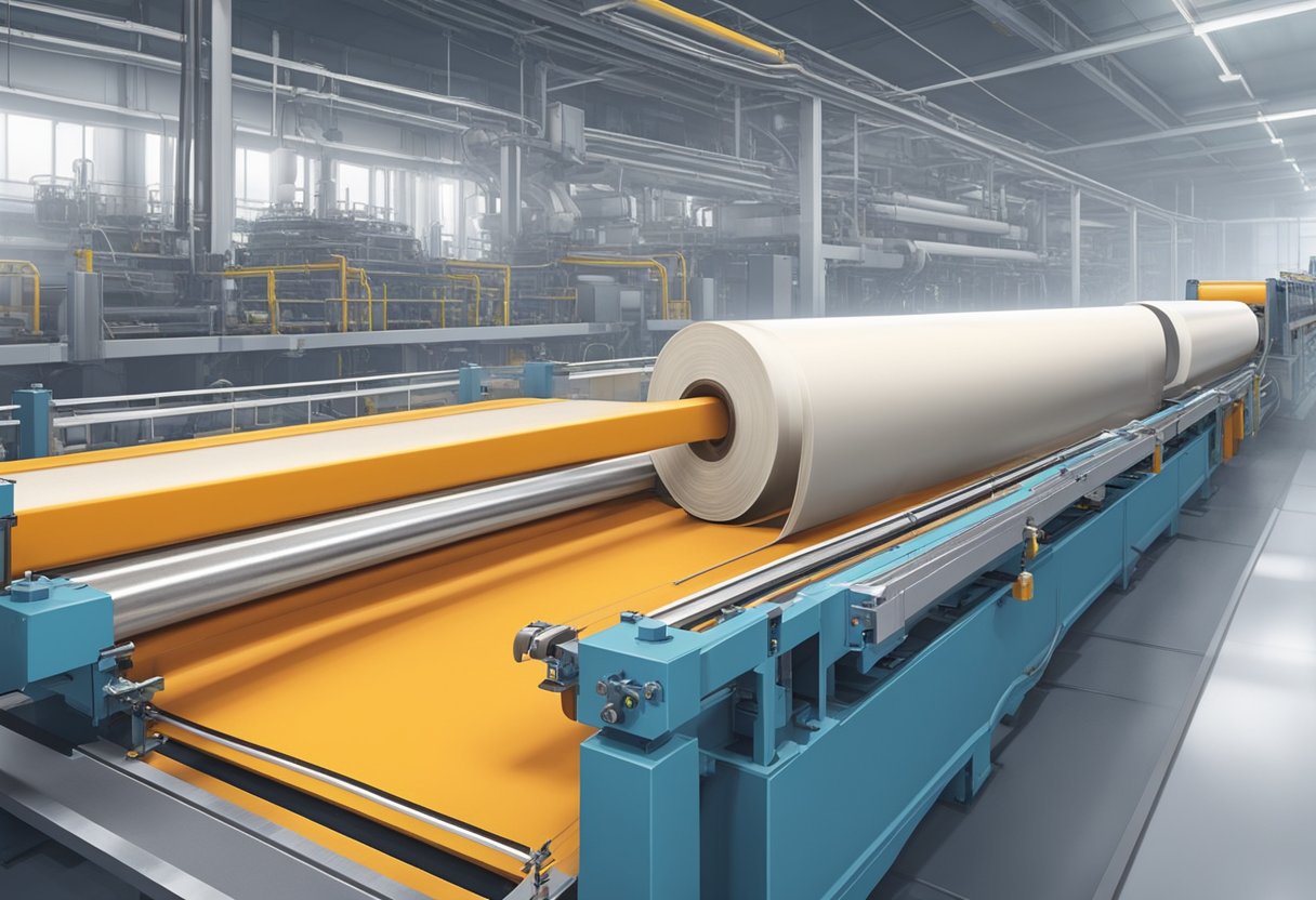 Molten fiberglass tape is extruded onto a conveyor belt, then cooled and cut into rolls. Machinery hums and steam rises in the factory