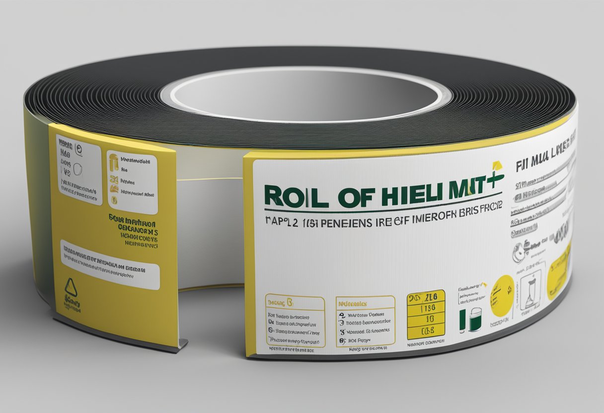 A roll of hot melt fiberglass tape sits on a workbench, with specifications and properties listed on the packaging