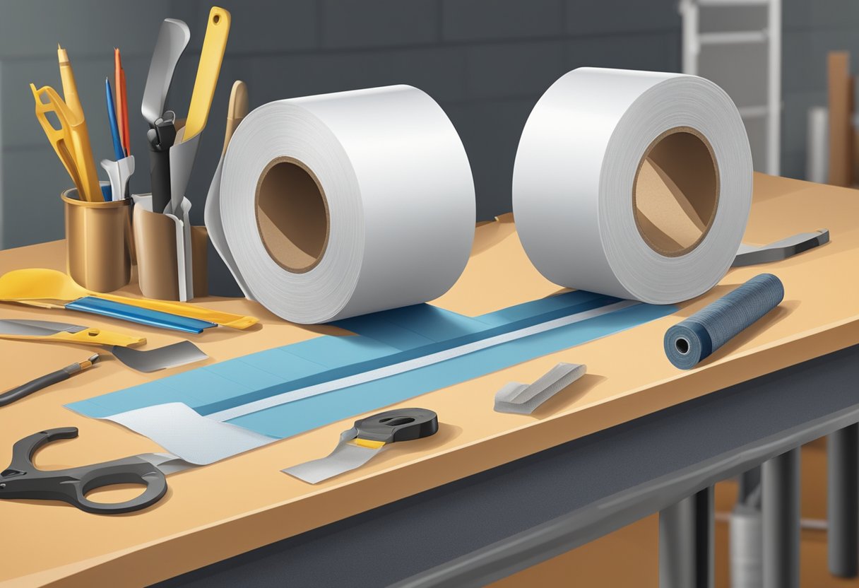 A roll of hot-melt cloth tape sits on a workbench, surrounded by tools and materials. The tape is thick and sturdy, with a visible adhesive backing