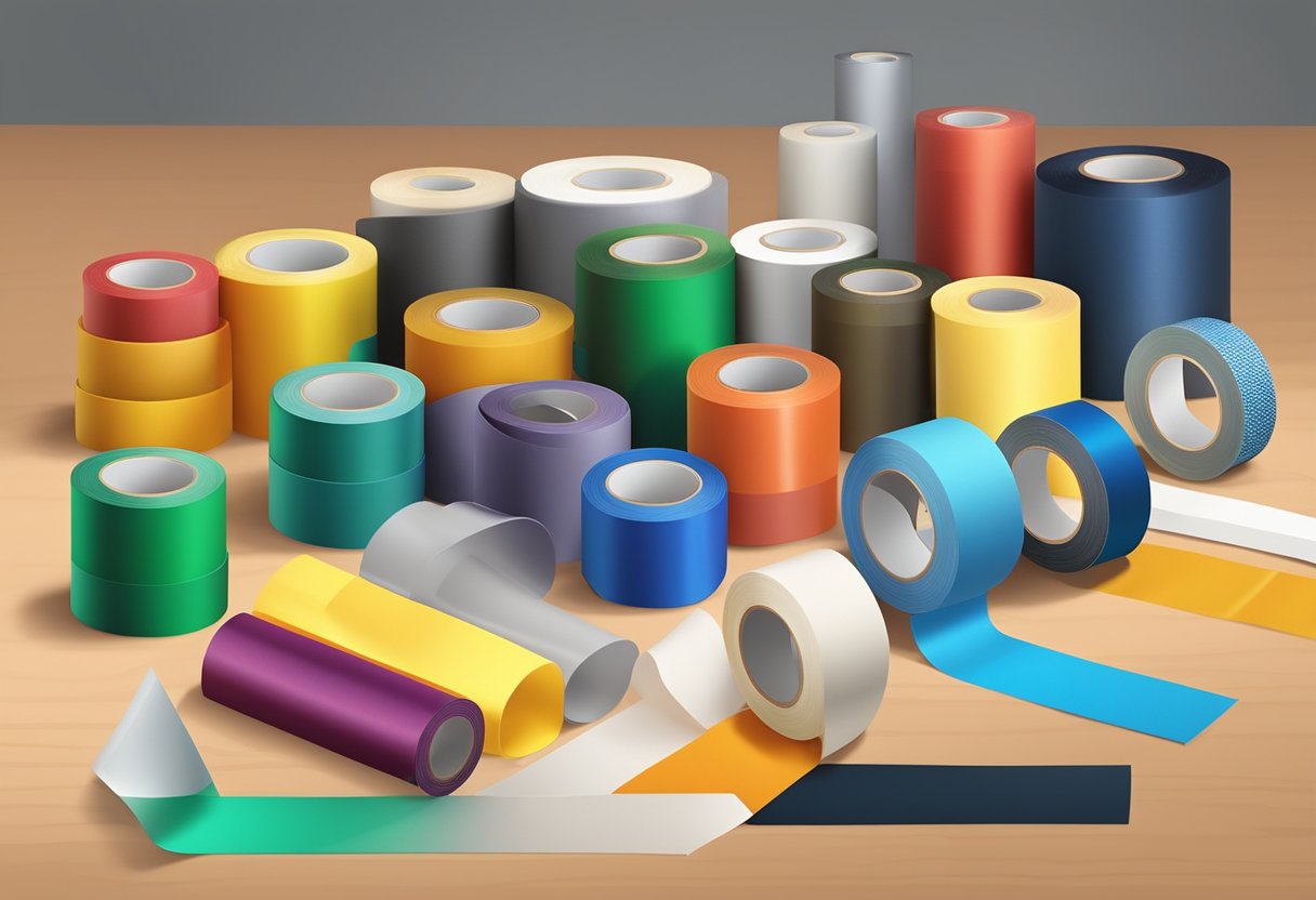 A roll of hot-melt cloth tape stands on a workbench, surrounded by various types of tape in different colors and widths
