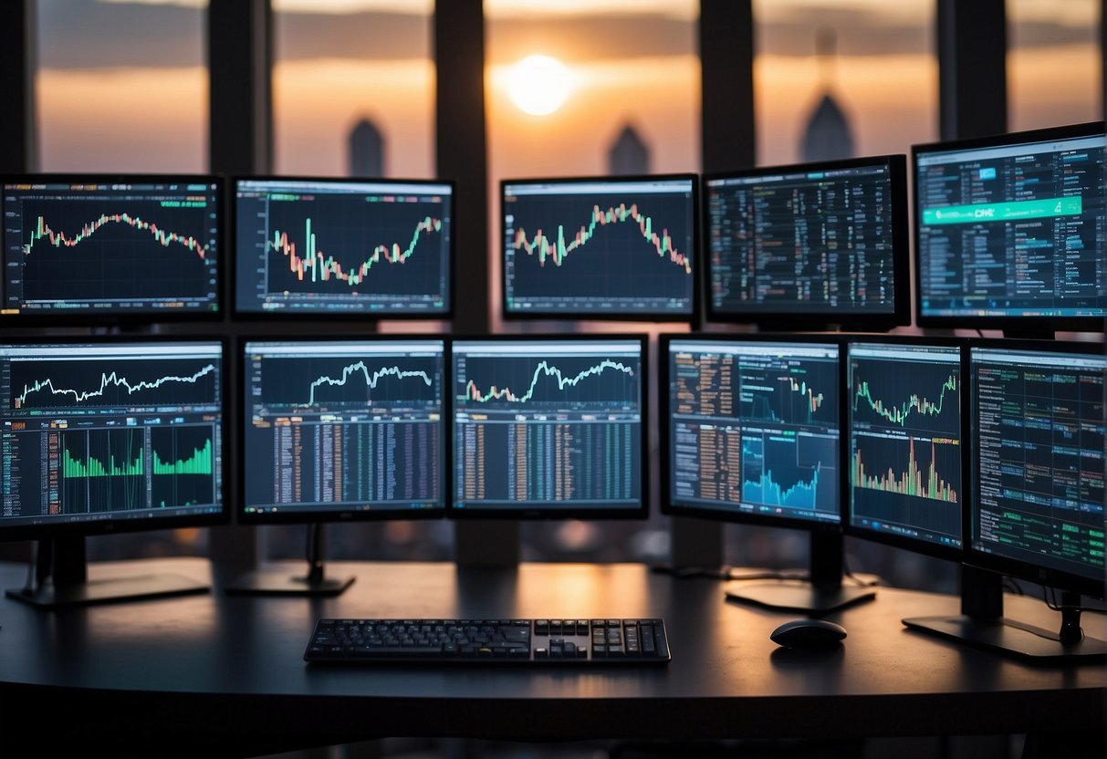 A person using a computer to buy ETFs for Bitcoin, Real Estate, and Art. Multiple screens show price charts and investment options