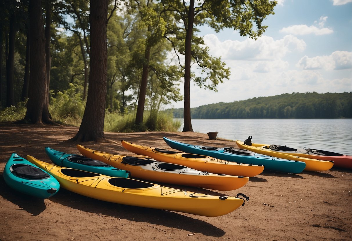 Kayaks stacked on shore, paddles leaning against them. A yoga mat and resistance bands laid out on the ground. Trees and a calm river in the background