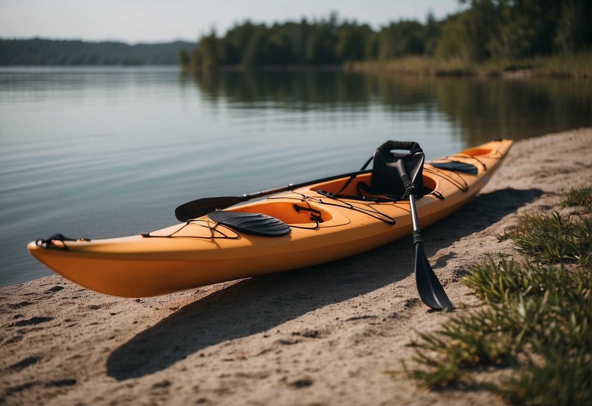 Kayak on shore, paddle on ground, resistance bands, and exercise mat outdoors