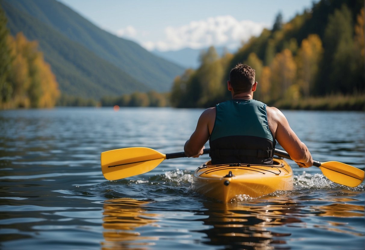 A kayaker performs lower body and leg exercises outdoors. The scene includes a kayak, water, and natural surroundings