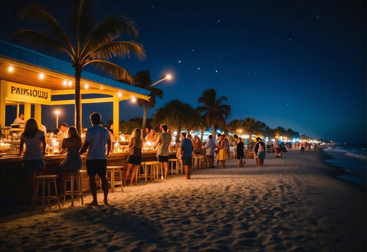 neon-lit attractions bustling beachfront bars live music and people enjoying beach bonfires